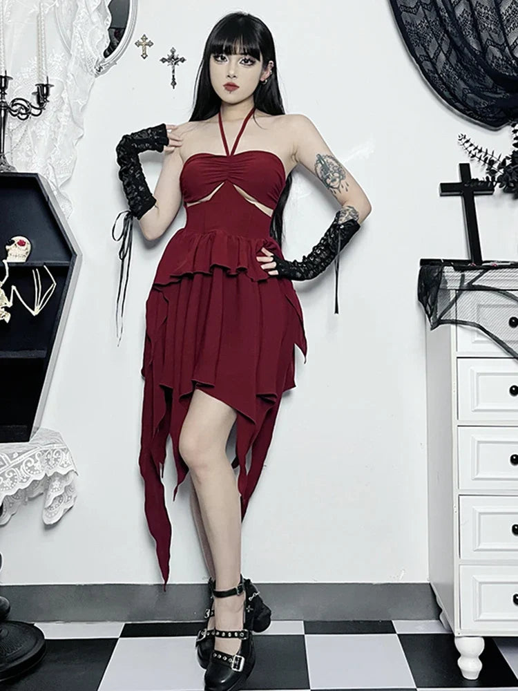 Halter Neck Sleeveless Ruched Bodycon Asymmetrical A-Line Hem Party Cocktail Mini Dress