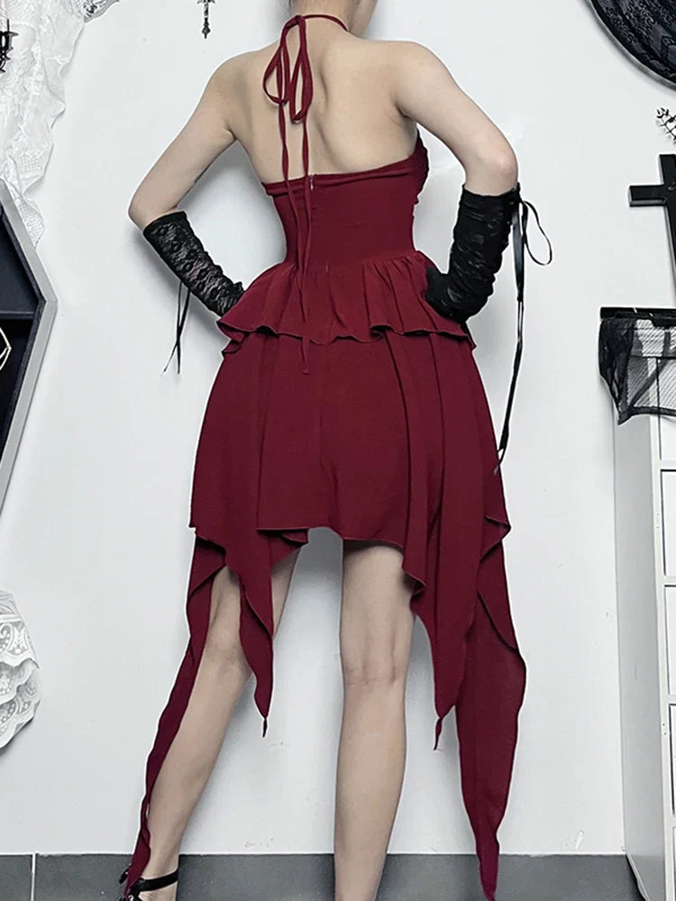 Halter Neck Sleeveless Ruched Bodycon Asymmetrical A-Line Hem Party Cocktail Mini Dress
