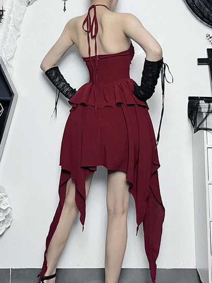 Halter Neck Sleeveless Ruched Bodycon Asymmetrical A-Line Hem Party Cocktail Mini Dress
