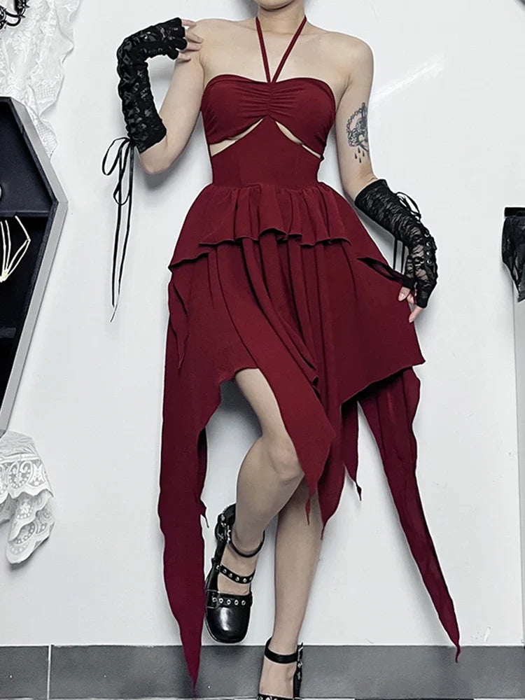 Halter Neck Sleeveless Ruched Bodycon Asymmetrical A-Line Hem Party Cocktail Mini Dress