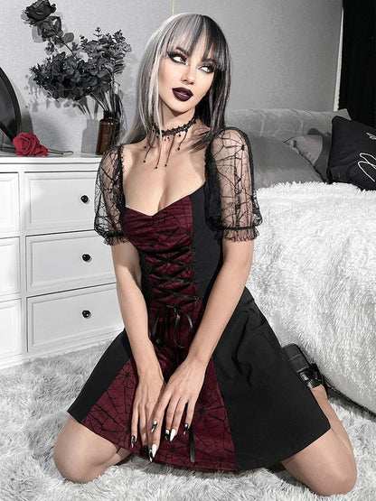 Gothic Lace Up Spiderweb Print Mesh Puff Sleeve Mini Dress