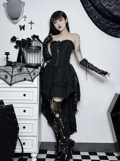 Strapless Lace Trim Corset Ribbon Lace Up High Low Tiered Ruffle Dress