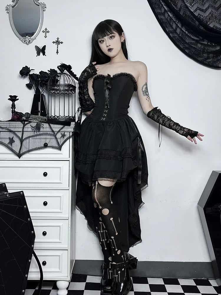 Strapless Lace Trim Corset Ribbon Lace Up High Low Tiered Ruffle Dress