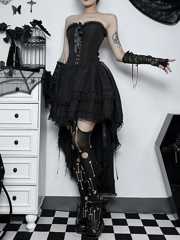 Strapless Lace Trim Corset Ribbon Lace Up High Low Tiered Ruffle Dress