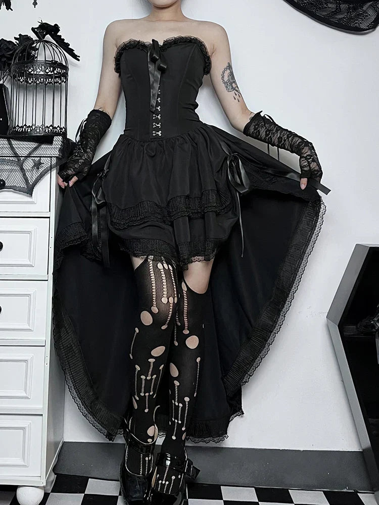 Strapless Lace Trim Corset Ribbon Lace Up High Low Tiered Ruffle Dress