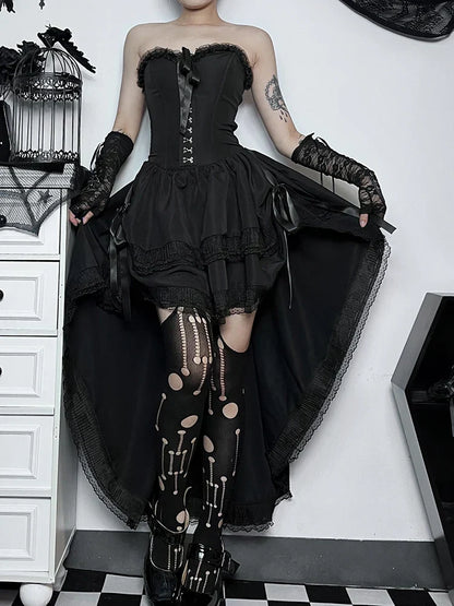 Strapless Lace Trim Corset Ribbon Lace Up High Low Tiered Ruffle Dress