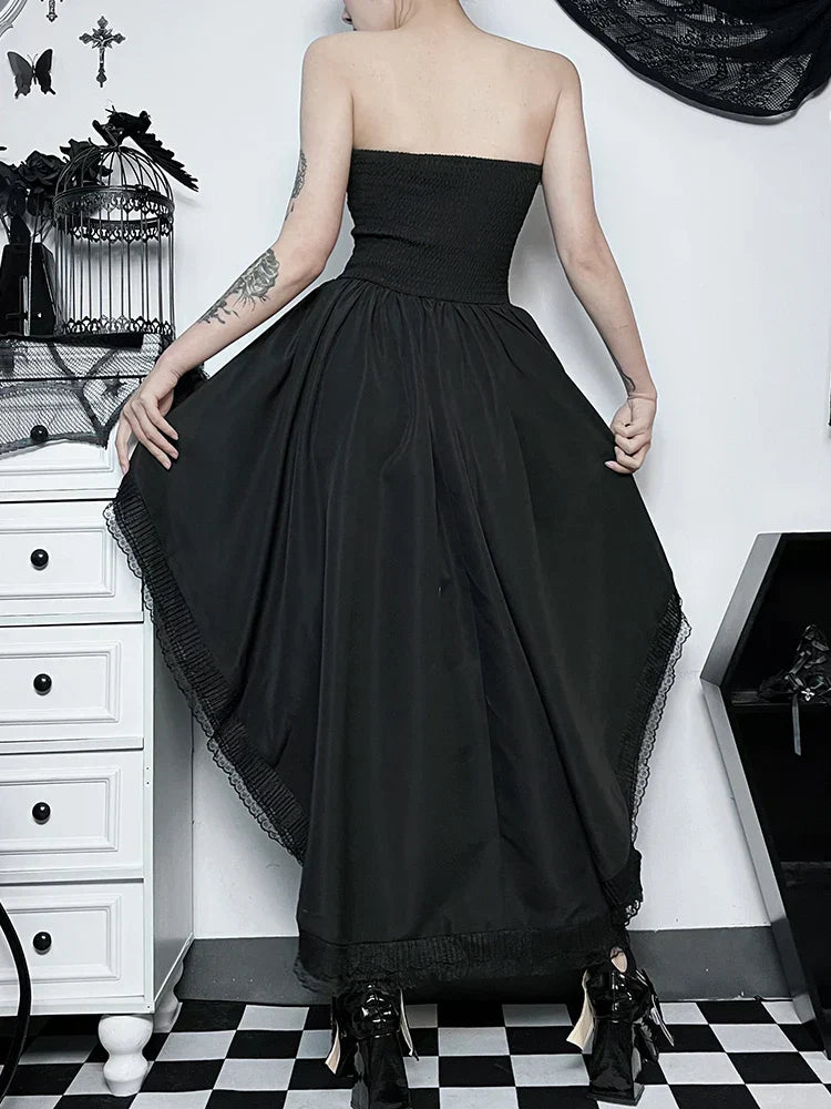 Strapless Lace Trim Corset Ribbon Lace Up High Low Tiered Ruffle Dress