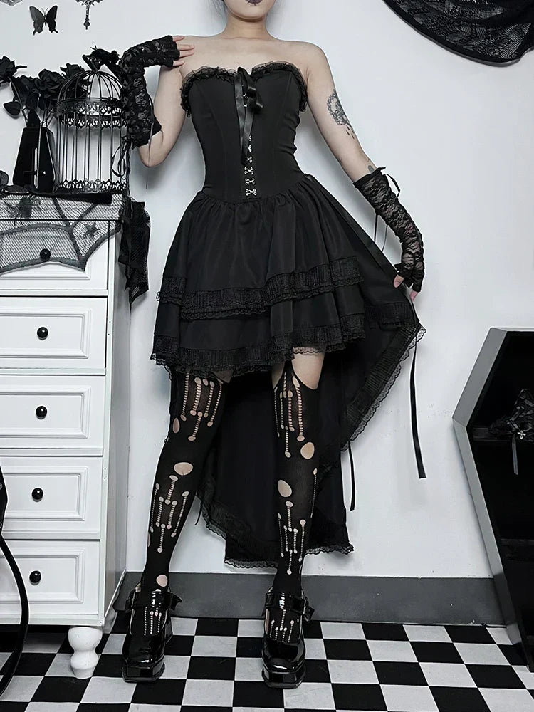 Strapless Lace Trim Corset Ribbon Lace Up High Low Tiered Ruffle Dress
