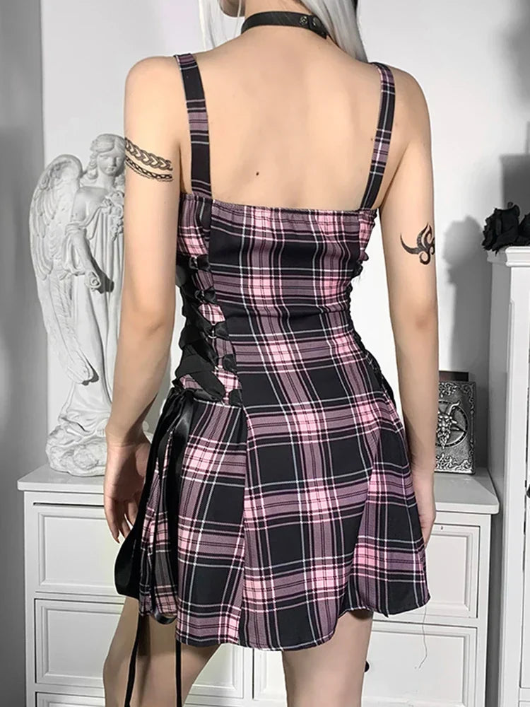 Plaid Zip Front Strap Lace Up Side Panel A-Line Mini Dress
