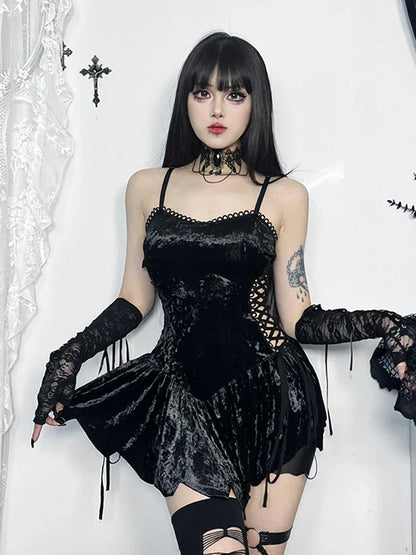 Crushed Velvet Lace Up Side Cut Out Ruffled Hem Mini Dress
