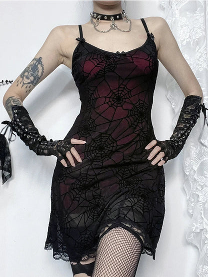 Spiderweb Mesh Overlay Lace Trim Spaghetti Strap Bodycon Mini Dress