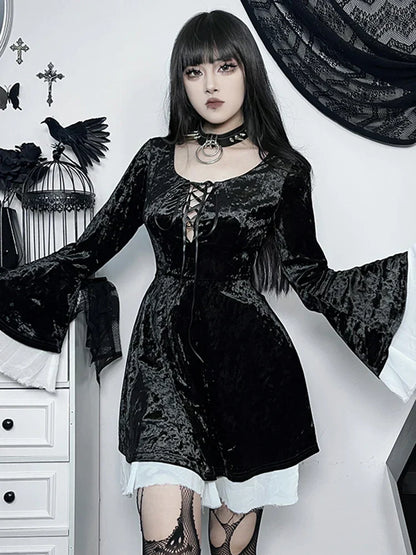 Lace Up Front Crushed Velvet Bell Sleeve Ruffle Cuff Mini Dress