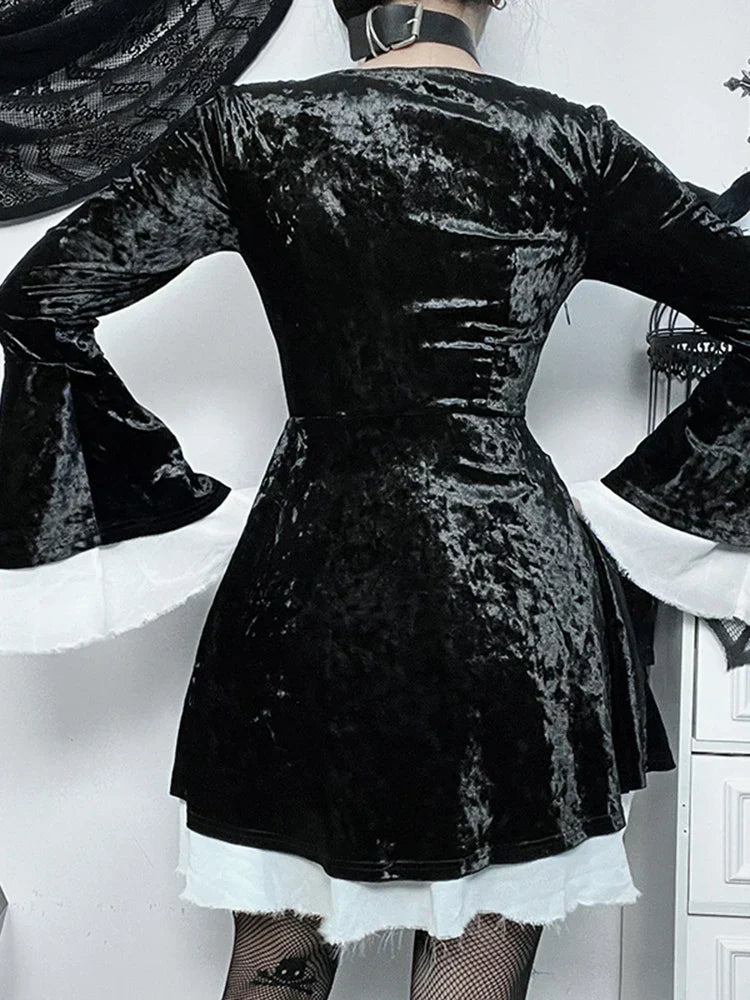 Lace Up Front Crushed Velvet Bell Sleeve Ruffle Cuff Mini Dress