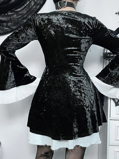 Lace Up Front Crushed Velvet Bell Sleeve Ruffle Cuff Mini Dress