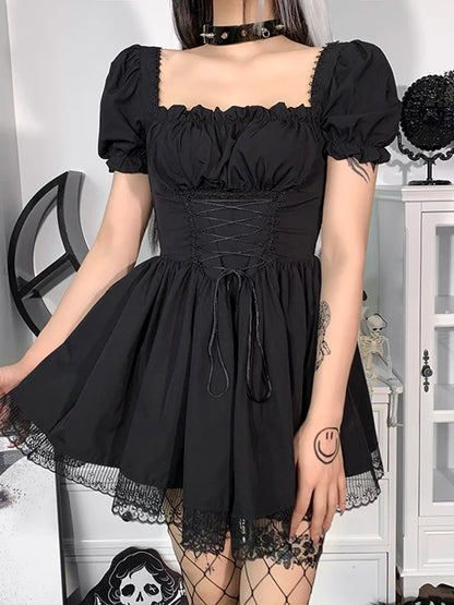 Square Neck Puff Sleeve Lace Up Corset Waist Lace Trim Hem Mini Dress