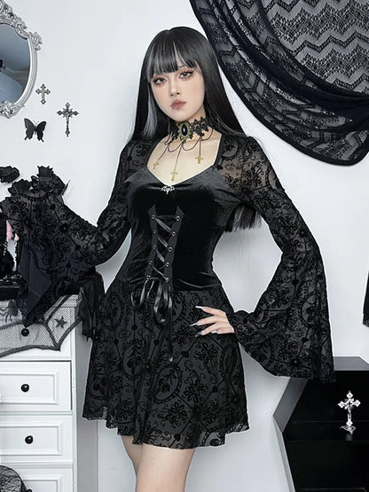 Lace Up Corset Sweetheart Bell Sleeve Damask Overlay Mini Dress