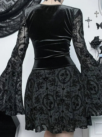 Lace Up Corset Sweetheart Bell Sleeve Damask Overlay Mini Dress