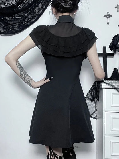 Mall Harajuku E-Girl Mesh Patchwork Black Slim A-Line Party Grunge Aesthetic Streetwear Dress