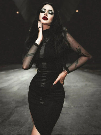 Mesh Long Sleeve Mock Neck Cross Panel Asymmetric Hem Bodycon Mini Dress