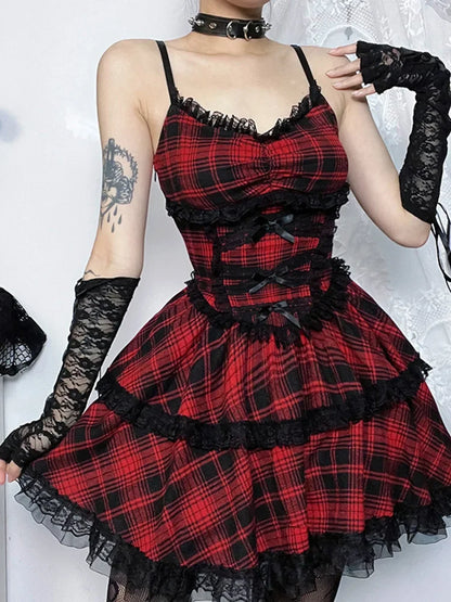 Plaid Bow Front Lace Trim Tiered Spaghetti Strap Mini Dress