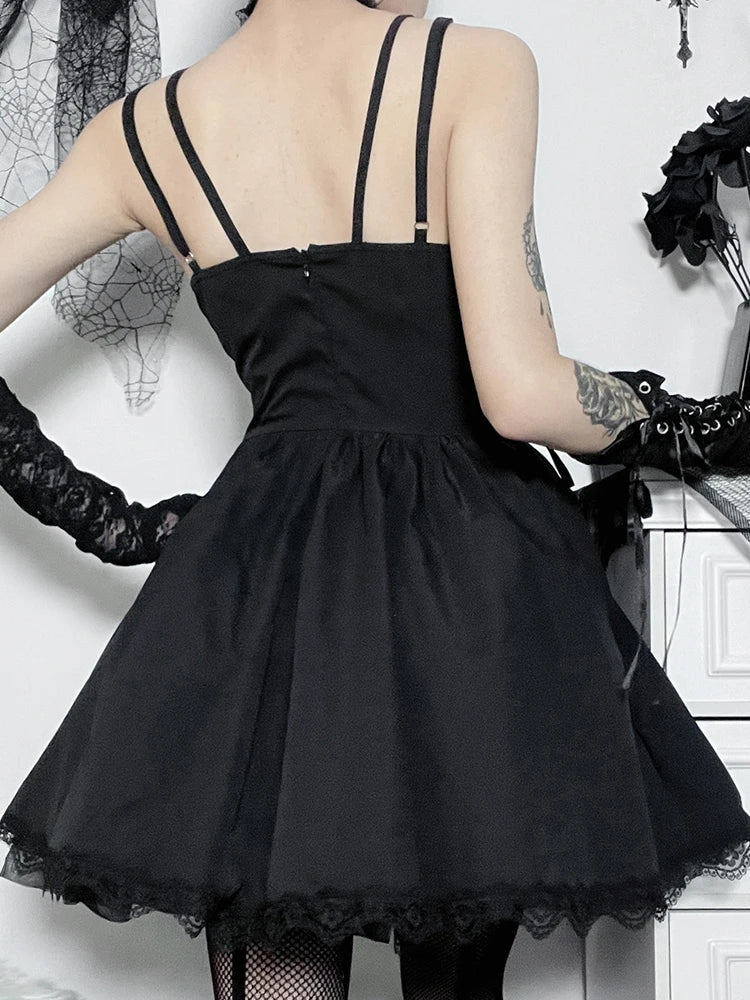Gothic Black V Neck Lace Up Y2K Grunge Punk High Waist Lace Trim Party Dress