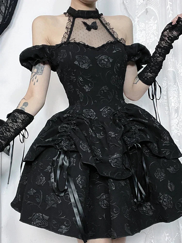 Halter Neck Mesh Butterfly Applique Off Shoulder Puff Sleeve Lolita Mini Dress