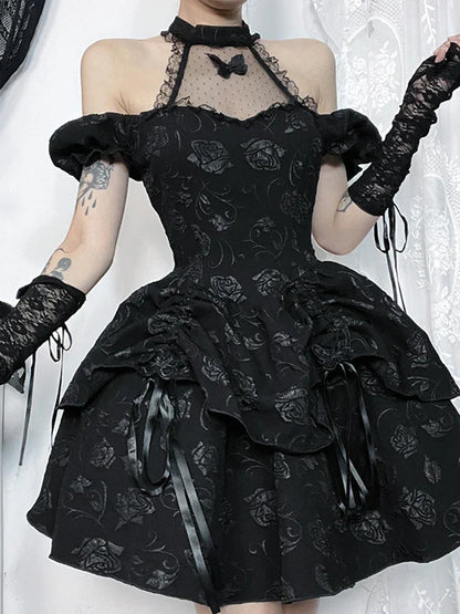 Halter Neck Mesh Butterfly Applique Off Shoulder Puff Sleeve Lolita Mini Dress