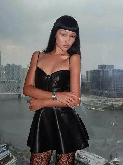 Spaghetti Strap Sweetheart Neckline A-Line Faux Leather Mini Backless PU Dress