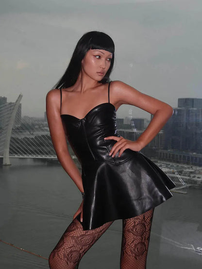 Faux Leather Sweetheart Spaghetti Strap Bustier Fit and Flare Mini Dress