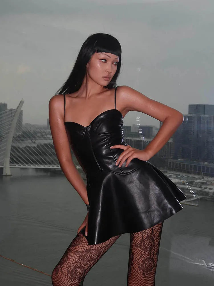 Spaghetti Strap Sweetheart Neckline A-Line Faux Leather Mini Backless PU Dress