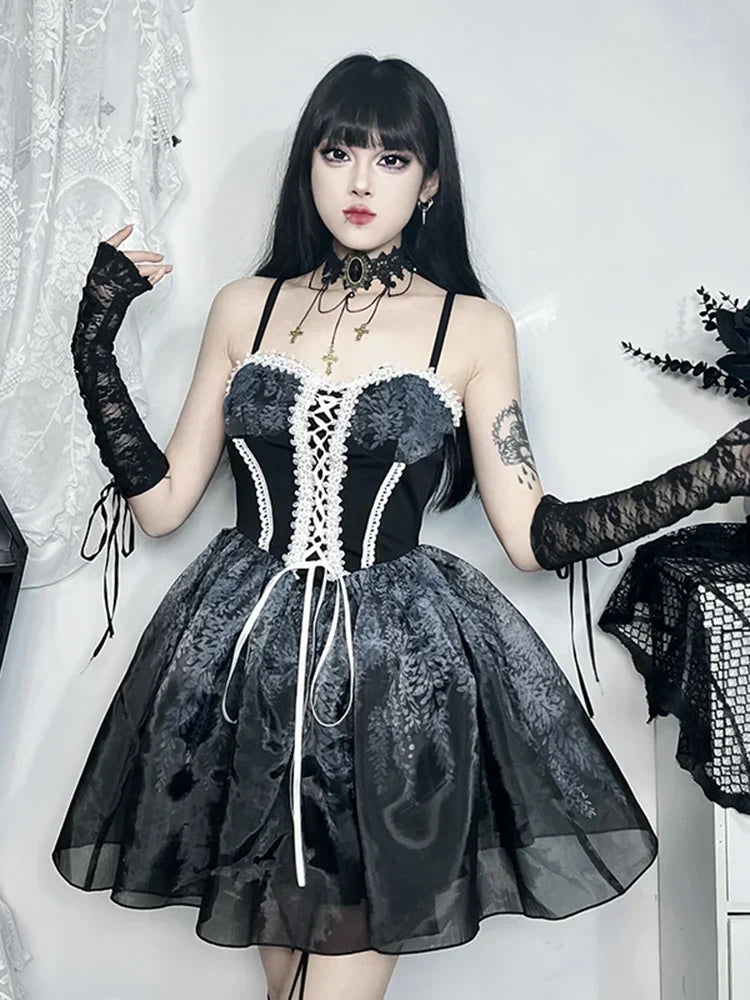 Gothic Lace Up Corset Floral Print Sheer Tiered Spaghetti Strap Mini Dress