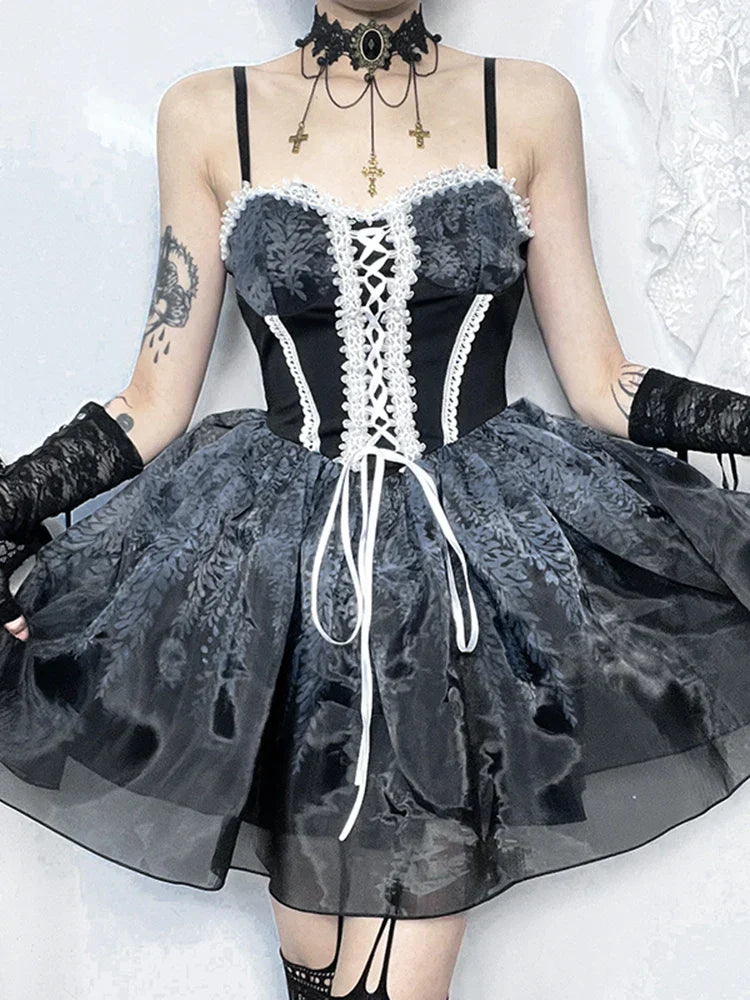 Gothic Lace Up Corset Floral Print Sheer Tiered Spaghetti Strap Mini Dress