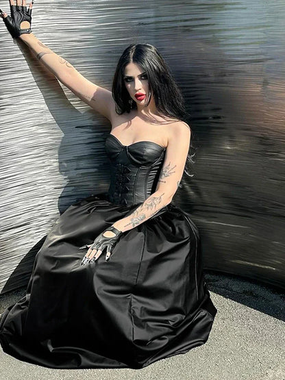 Strapless Buckle Corset Bodice Pleated Maxi Dress