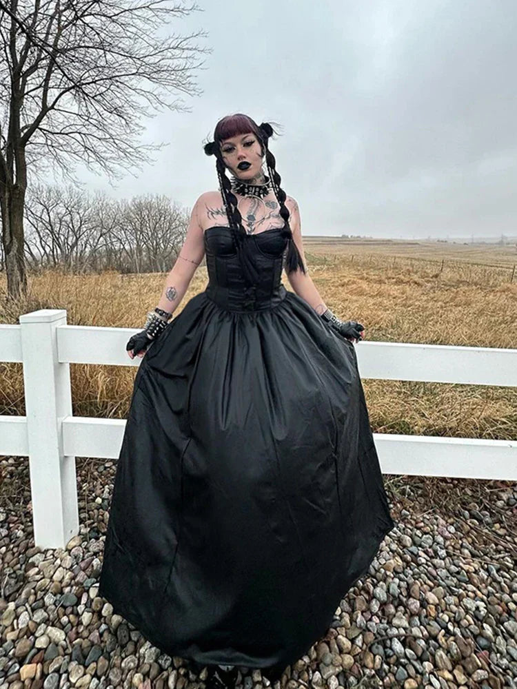 Strapless Buckle Corset Bodice Pleated Maxi Dress