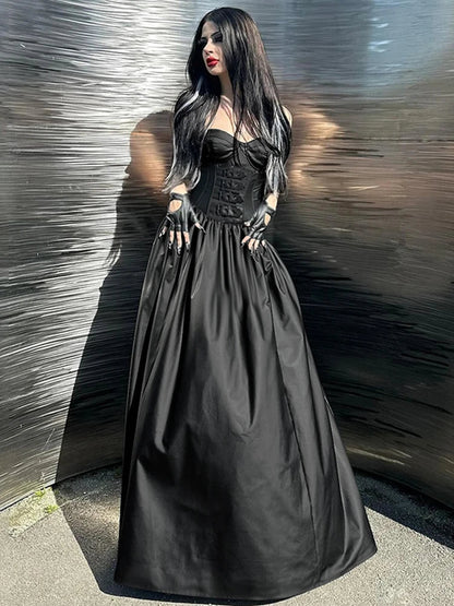 Strapless Buckle Corset Bodice Pleated Maxi Dress