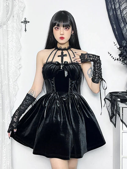 Velvet Corset Lace Cross Halter Cage Strap Lace Up Mini Dress