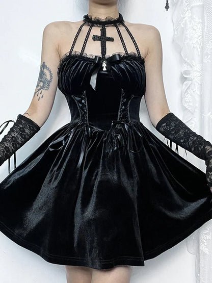 Velvet Corset Lace Cross Halter Cage Strap Lace Up Mini Dress