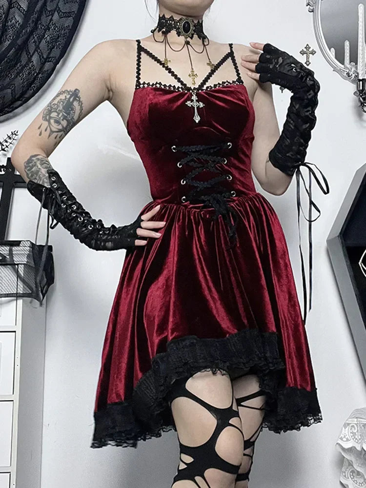 Velvet Lace Up Corset Scalloped Lace Trim Fit and Flare Mini Dress