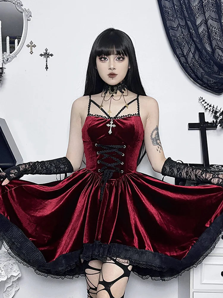 Velvet Lace Up Corset Scalloped Lace Trim Fit and Flare Mini Dress