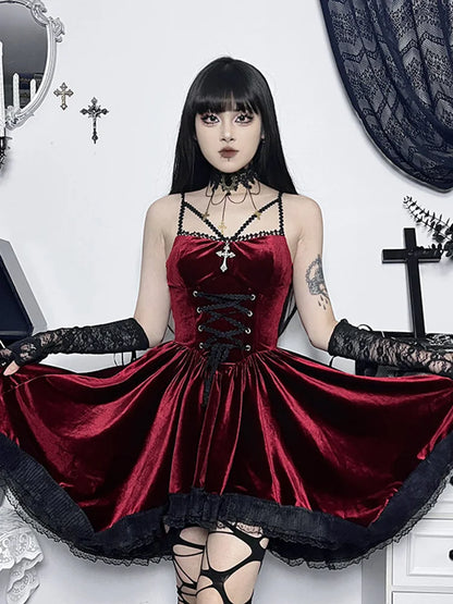 Velvet Lace Up Corset Scalloped Lace Trim Fit and Flare Mini Dress