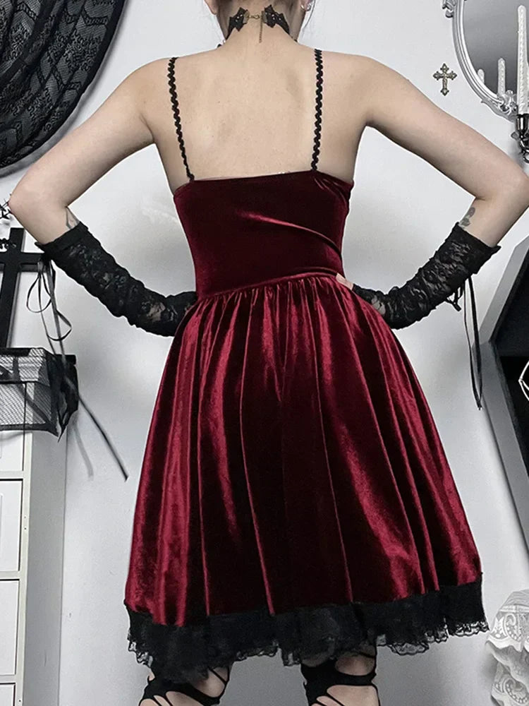 Velvet Lace Up Corset Scalloped Lace Trim Fit and Flare Mini Dress