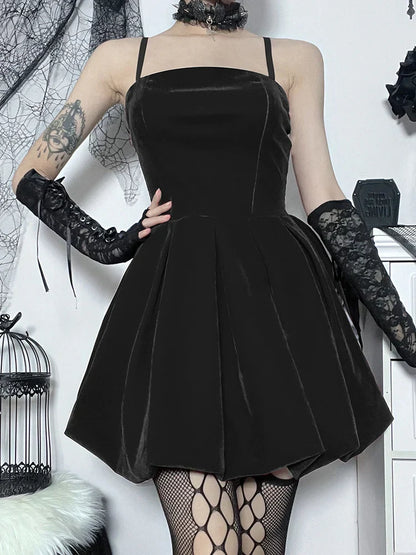 Velvet Square Neck Spaghetti Strap Pleated Bubble Hem Mini Dress