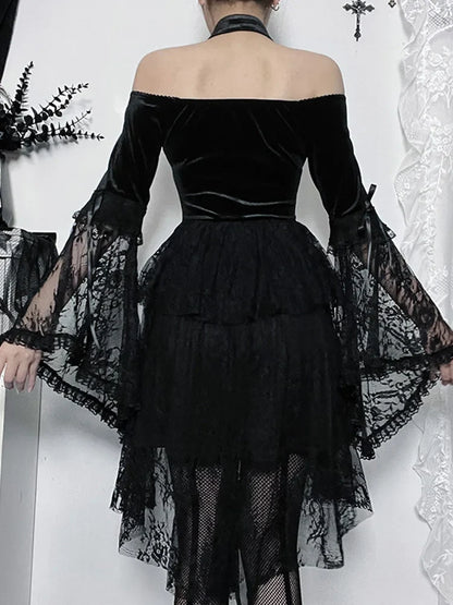 Gothic Vintage Off Shoulder Lace Cocktail Party Velvet Mesh Long Sleeves Halloween Cosplay Dress