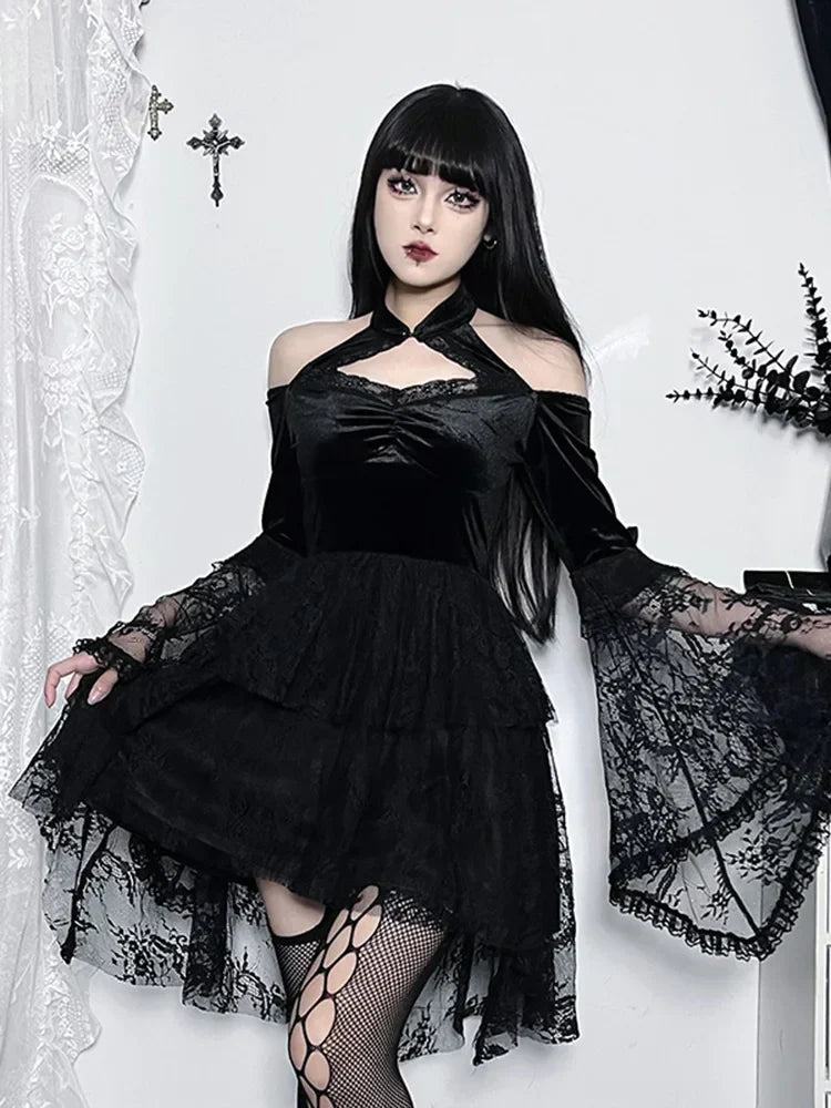Velvet Cold Shoulder Halter Keyhole Lace Bell Sleeve Tiered Mini Dress