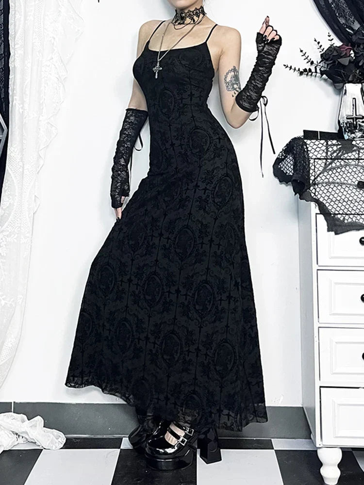 Jacquard Cross Print Spaghetti Strap Bodycon Maxi Dress