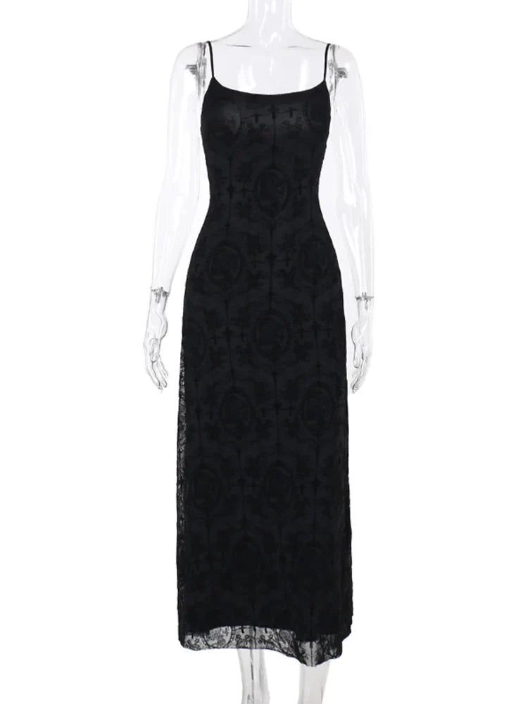 Jacquard Cross Print Spaghetti Strap Bodycon Maxi Dress