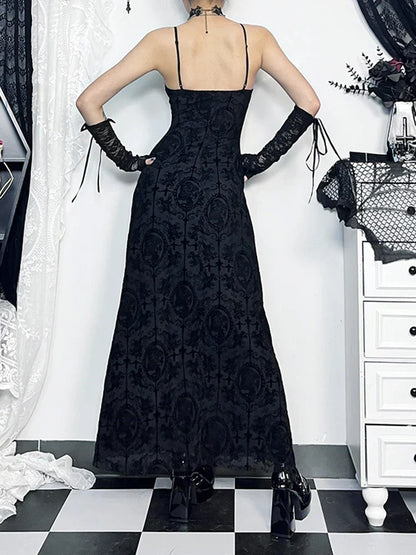 Jacquard Cross Print Spaghetti Strap Bodycon Maxi Dress