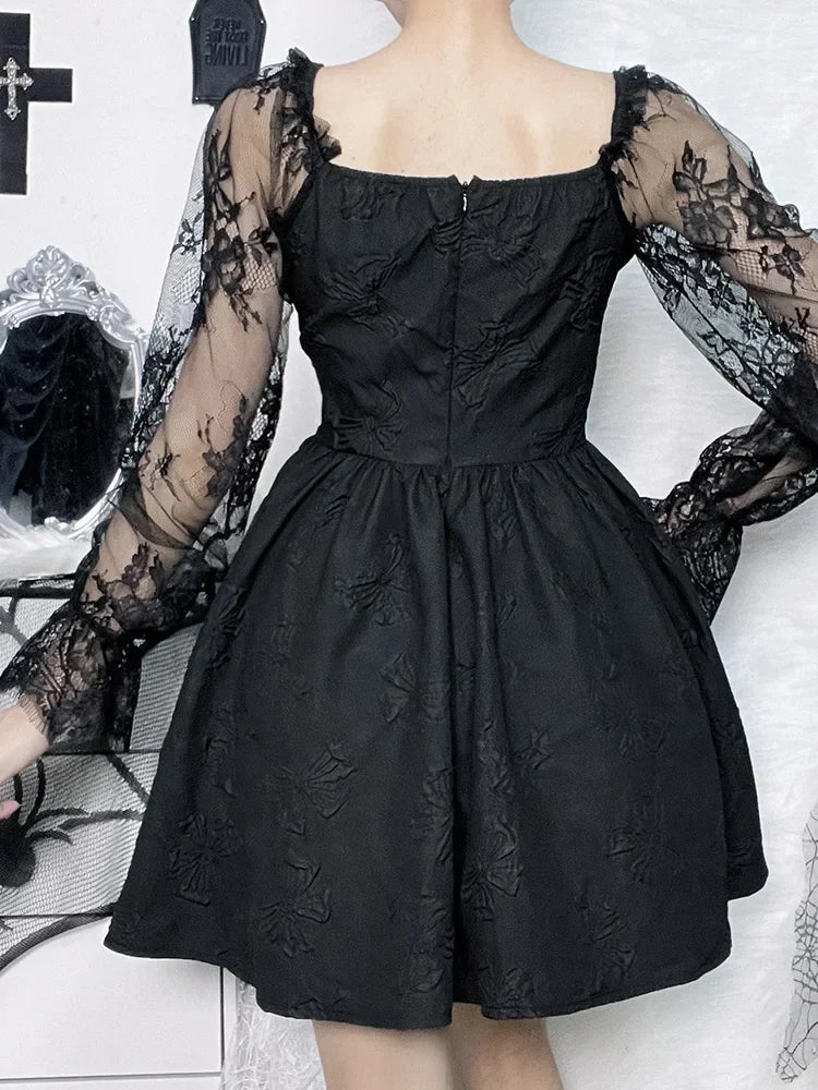Gothic Jacquard Lace Up Corset Bishop Sleeve Puff Skirt Mini Dress