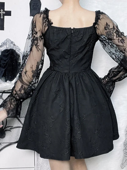 Gothic Jacquard Lace Up Corset Bishop Sleeve Puff Skirt Mini Dress