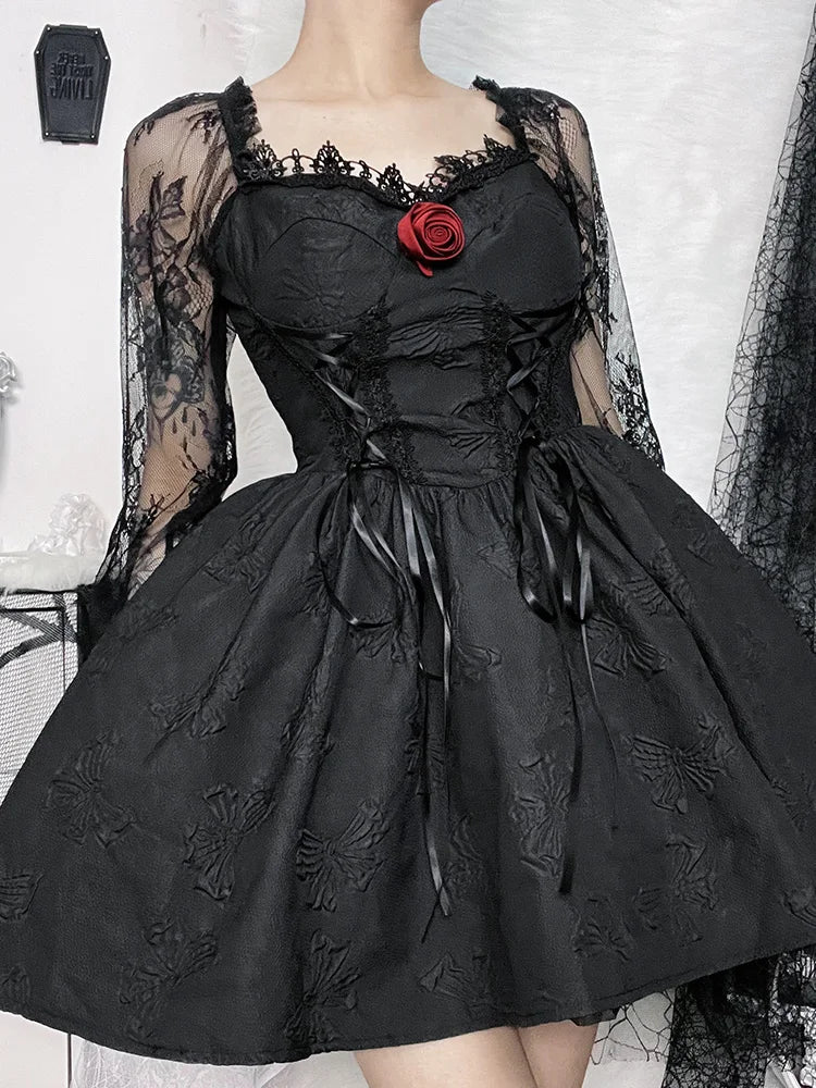 Gothic Jacquard Lace Up Corset Bishop Sleeve Puff Skirt Mini Dress